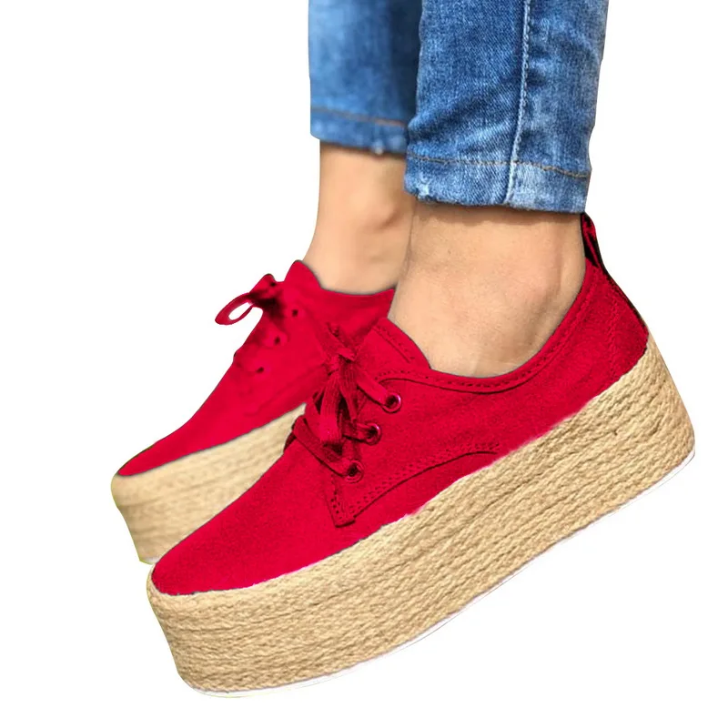 Модные женские эспадрильи; парусиновая обувь на толстой подошве; обувь на плоской подошве; повседневная обувь на плоской подошве со шнуровкой и круглым носком - Цвет: red