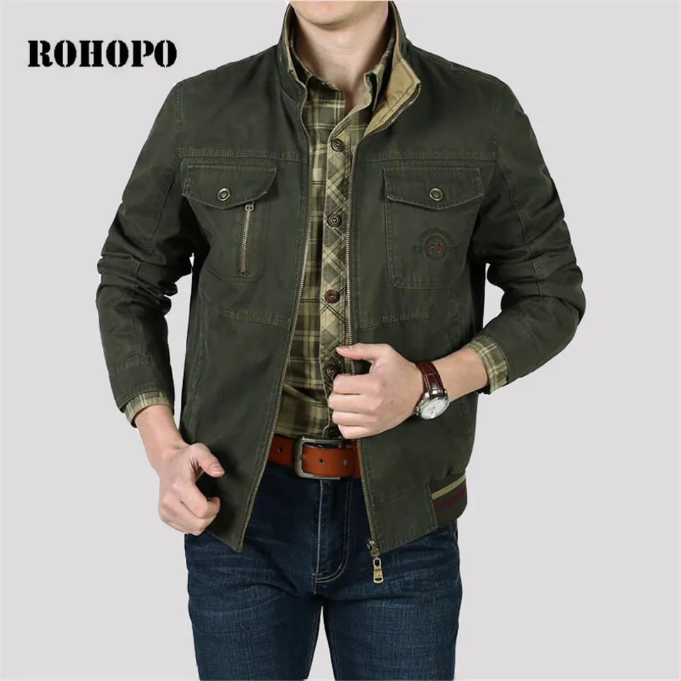

ROHOPO Jacket Washed Thick cotton pocket Sided coat men Military Men Jacket Army Loose 100% Pure Cotton Elastic Waist Outwear