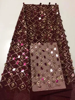 

High Quality African Lace Wine Sequin Embroidered High Quality French Tulle Net Lace Sequence Lace Fabric With Tassels YYZ03120
