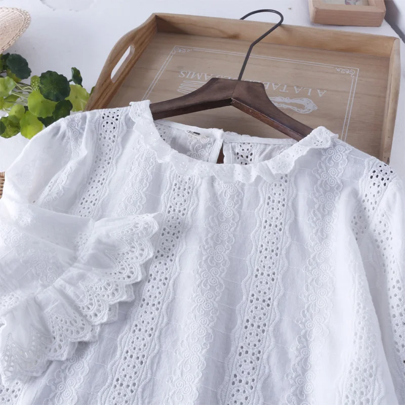 

Small lace collar lotus leaf sleeve solid color embroidery sweet lady cotton shirt blouse female 2019