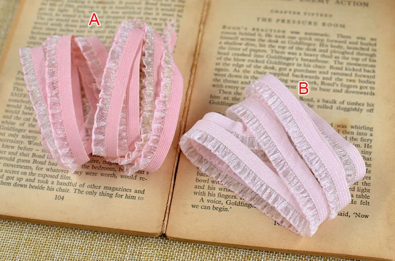 30 meter/lot 1.2cm 0.47" width pink stretch elastic ruffled mesh fabric