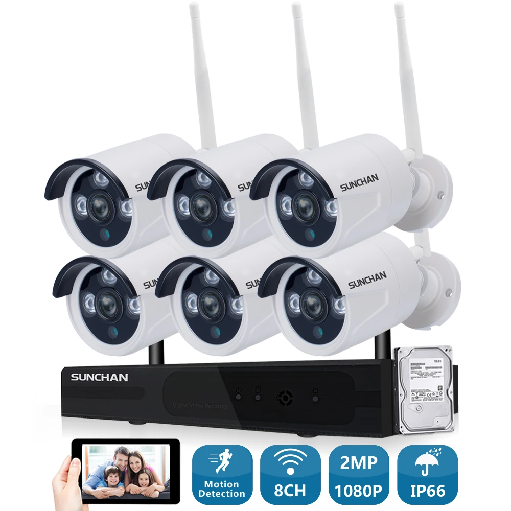 SUNCHAN 8 каналов 6 шт. мегапиксельная 1080P беспроводная наружная 2.0MP ip-камера система
