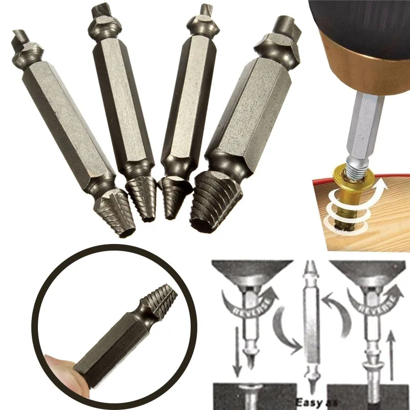 

4pcs Double Side Screw Extractor Drill Bits Set Tools Easy Out Set Damage Screws Bolt Kit Guide Remover Works With Any Drill