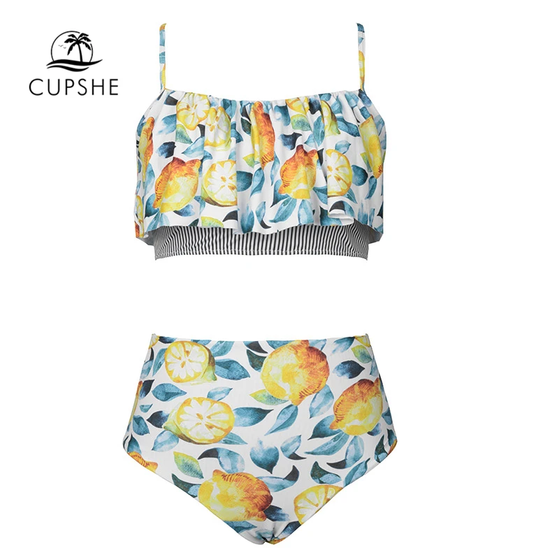 CUPSHE, летний лимонный принт, бикини с оборками, набор, для женщин, с оборками, с высокой талией, два предмета, купальник,, пляжный купальник