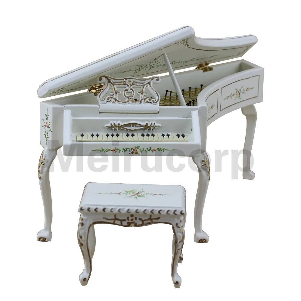 Кукольный дом Миниатюрный 1/12 масштаб музыкальный инструмент белая ручная роспись цветы пианино и стул