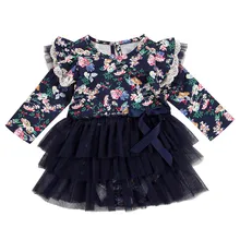 Одежда для новорожденных с длинными рукавами для маленьких девочек; платье с цветочным рисунком; комбинезон со складками в стиле пэчворк для девочек, милый комбинезон с юбкой платье одежда наряд