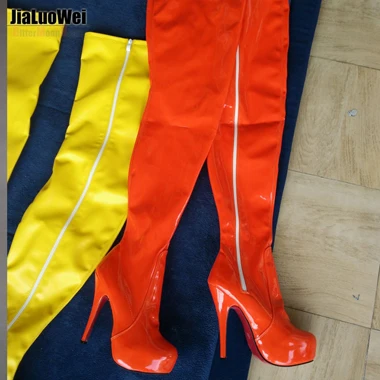 Классические женские ботинки со швами с высоким голенищем на каблуках высотой 15 см ботфорты на шпильках и платформе с круглым носком любой цвет по выбору - Цвет: Orange shiny