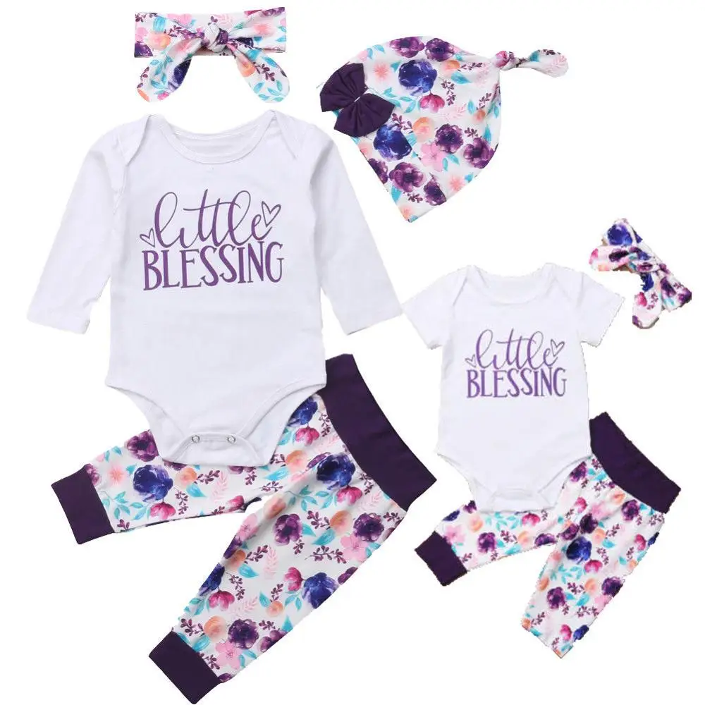 

Infant Newborn Baby Girl Little Blessing Floral Outfits Letter Print Romper Elastic Waist Long Pants Clothes Set Headband Hat