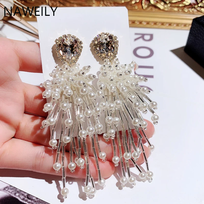 

Beaded Fringed Flower Cluster Earrings For Women Big Crystal Simulated Pearl 925 Sterling Silver Needle Dangle Earring