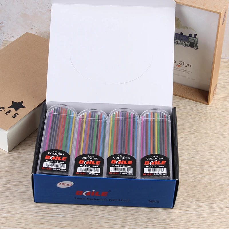 

free ship 24 tubes/box 12 colors of 2.0mm mechanical pen refills with high quality 2.0mm colorful pencil leads graphite 2.0mm