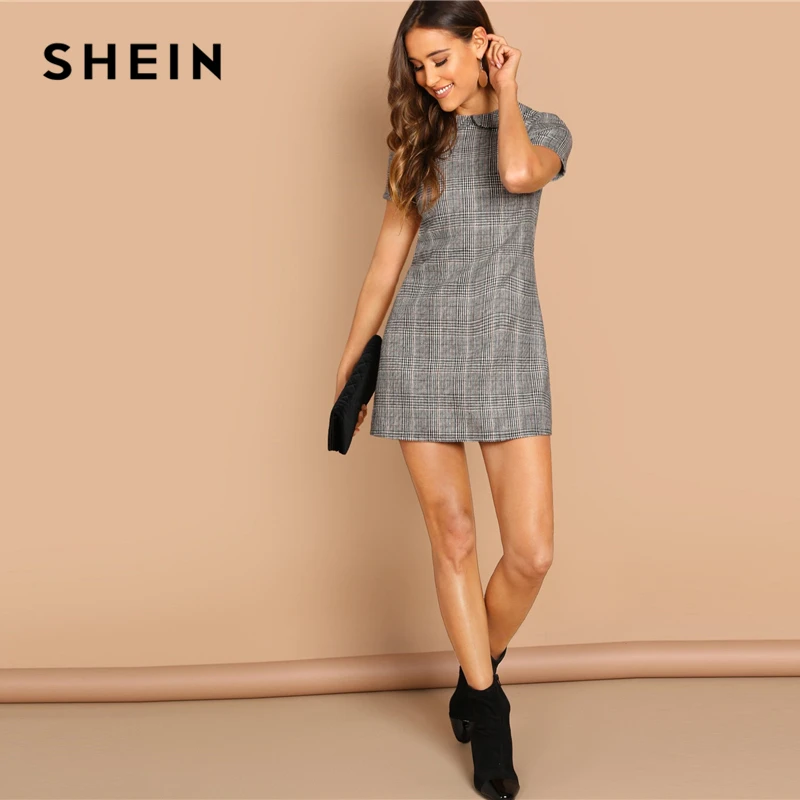 SHEIN Платье В Клетку Женское Летнее Серое Элегантное Платье На Молнии С Короткими Рукавами