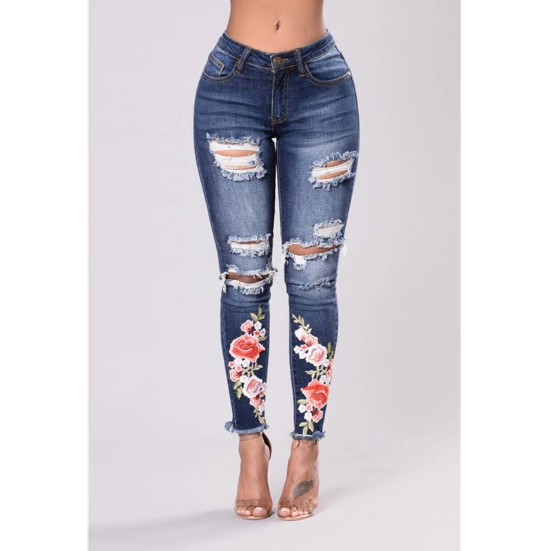 3Xl summer woman ripped Jeans With Embroidery hole Sexy