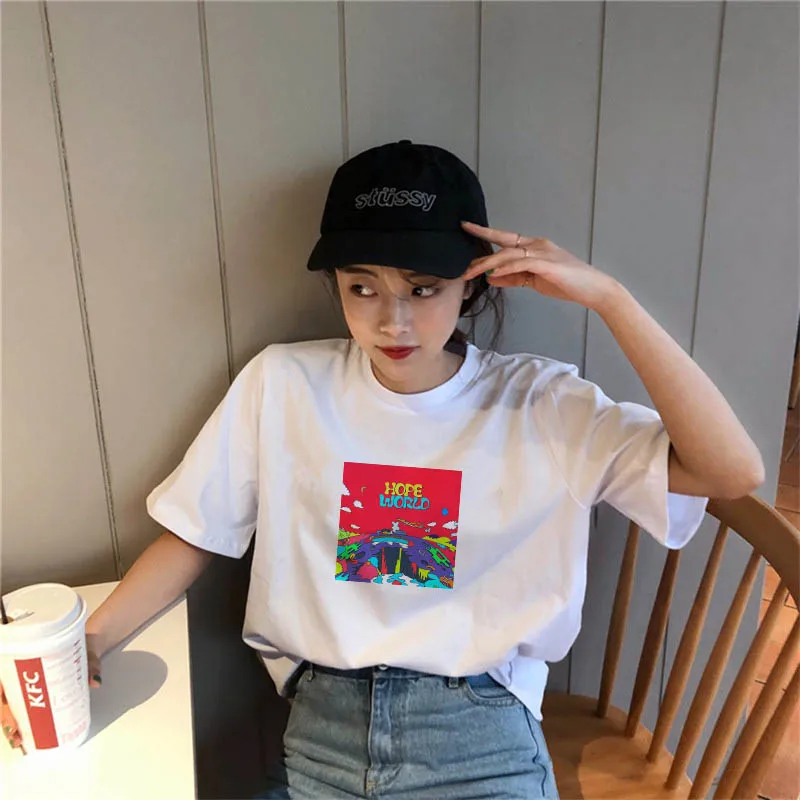 Korean Women T Shirts Short Sleeve Vogue Printed Hope World O-Neck Female T-Shirts Casual Tee Tops Woman Plus size Clothing