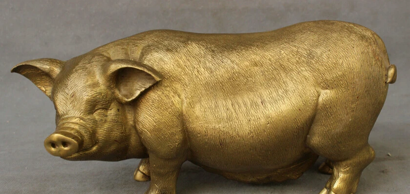 

S3308 12" Folk Chinese Pure Brass Copper Year Zodiac Wealth JiXiang Sow Pig Statue D0318