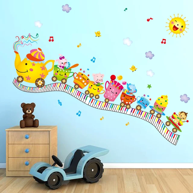 Cute Baby Room Decor Wall Stickers Cartoon Cups Train Design Sticker
