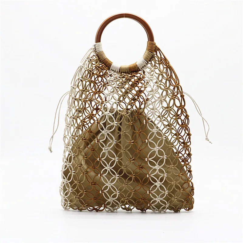 

New fashion Hollow Bag for women 2018 Summer Rattan shoulder Handbags Handmade Woven Beach Bags wooden handle travel shipping