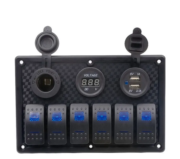 

6 Gang LED Rocker Car Switch Control Panel Circuit Breakers Cigarette lighter plug Double USB port Voltmeter for Boat waterproof