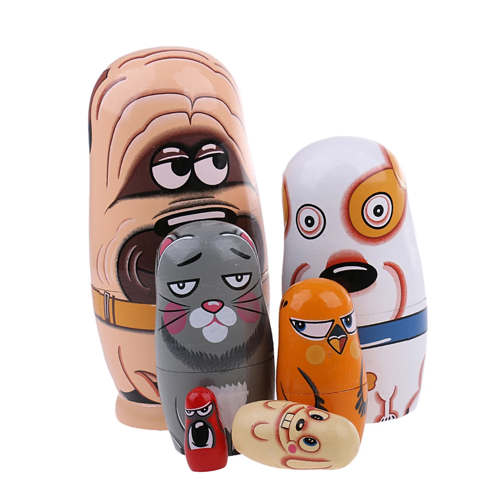 6Pcs Hand Painted Russian Nesting Doll Babushka Matryoshka Doll Animals Kids Christmas Gift Home Desk Kindergarten Decor Toys