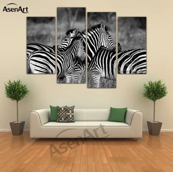 

4 Panel Zebra Horse Black And White Animal Oil Modern Painting For Living Room Wall Art Canvas Prints Unframed