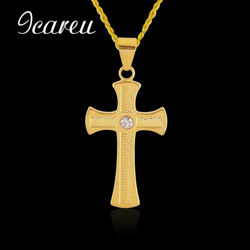 Wholesale Rhinestone Crystal Cross Necklace Chain & Pendant Gold Color Christian Jewelry