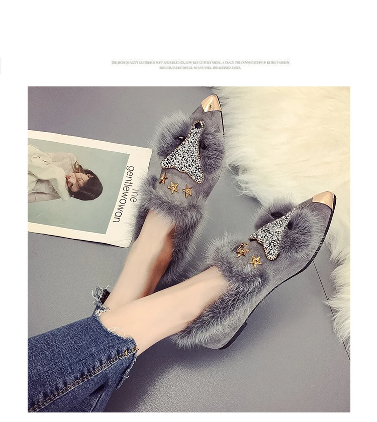 Sycatree Fox Head Style Women Casual Snow cotton Shoes Ladies Fur Shoes Moccasins Crystal Rivet Winter Warm Flat Driving Loafers