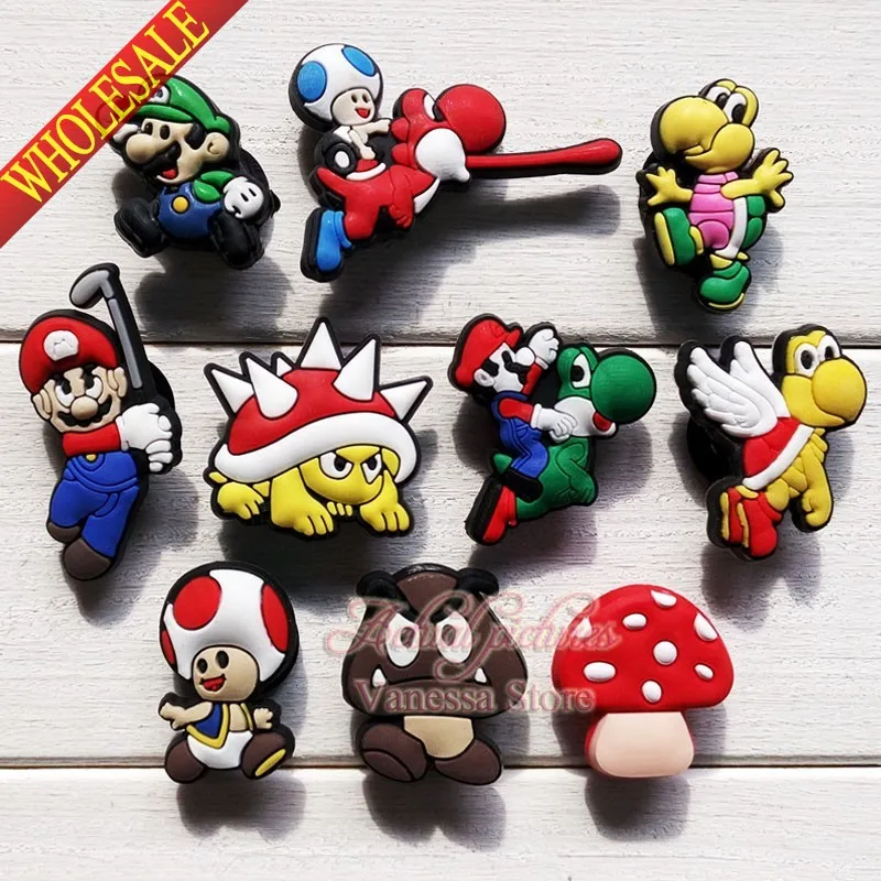 

Mixed 10 styles100pcs/lot Super Mario Bros PVC shoe decoration/shoe charms/shoe accessories for wristbands kid toy gift.