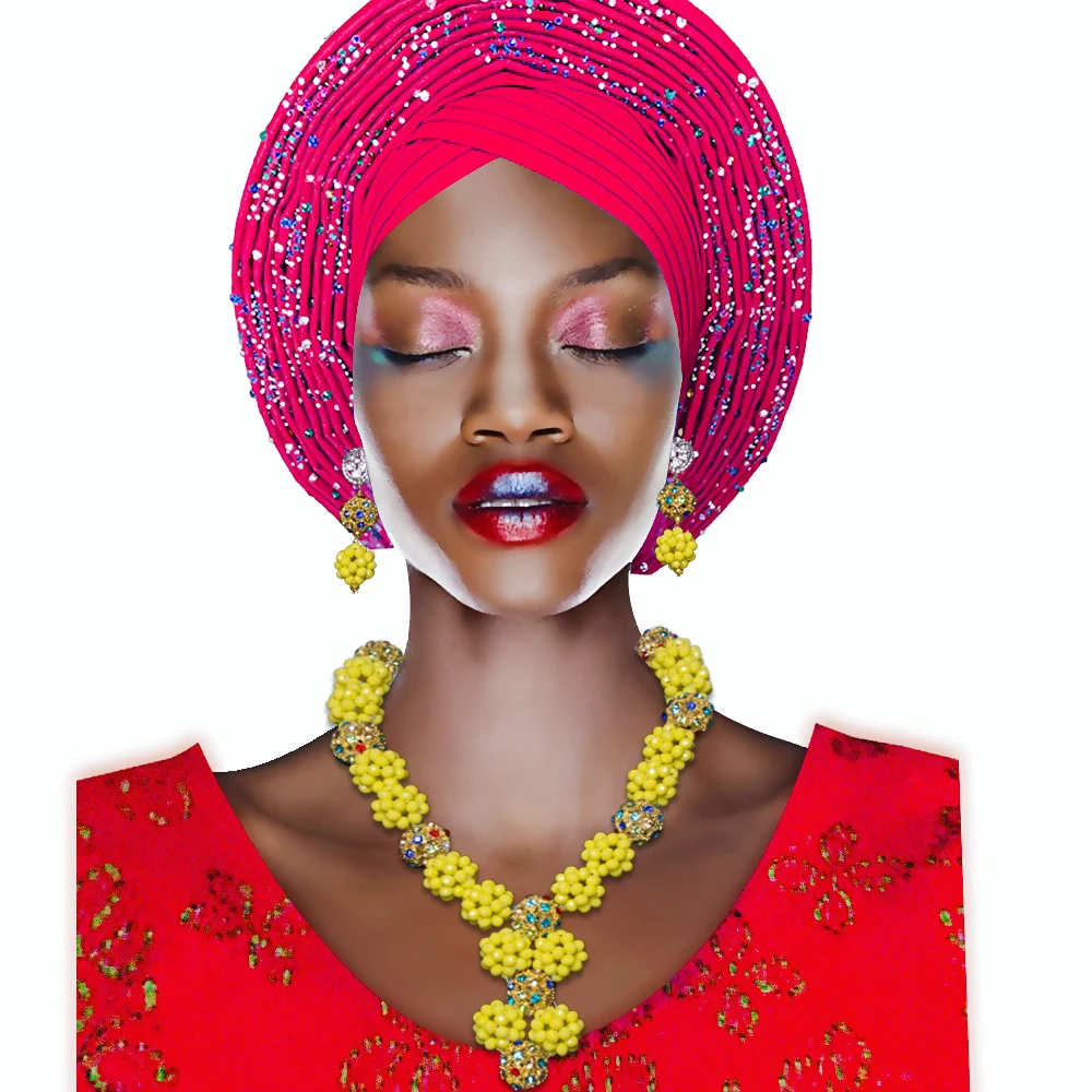 Handmade Yellow Crystal Ball Beaded Necklace Women African Wedding