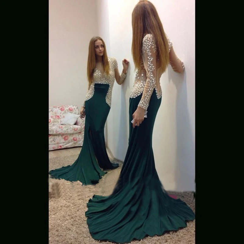 

Vestido DE festival 2016 new design robe to wear long sleeve beaded rhinestone dubai side seam long green mermaid dress RT5986