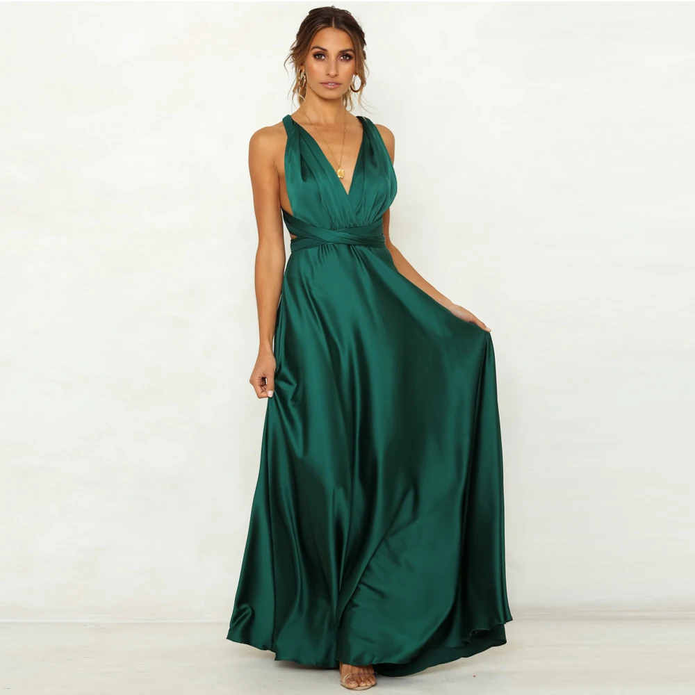 

Cross Straps Sash Green Wedding Party Dress Evening Gown Backless Hollow Out Loose Long Dress