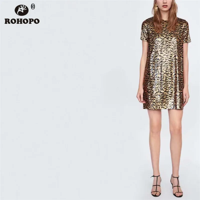 

ROHOPO Women Gold Sequine Leopard Straight Dress Double Layers Sexu Casual Loose Vestido Elegant Mini Short Sleeve Dress #CW8940