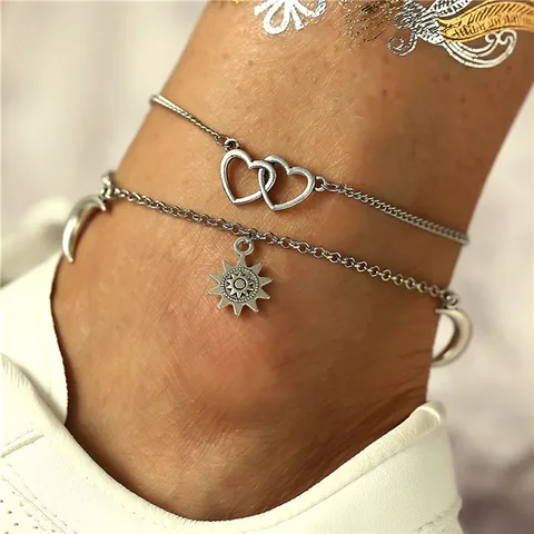 Moon Sun Flower Heart Shape Anklets 2019 For Women New Silvery Metal Anklet Bohemian Bracelets On Leg BOHO Ocean Jewelry