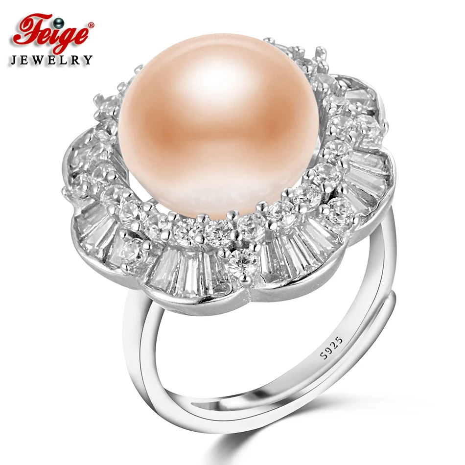 

FEIGE Fine Jewelry Luxury Pearl Ring 925 Sterling Silver Rings for Women 11-12MM Pink Freshwater Pearl Brand Jewelry Lady Gifts