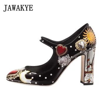 

Spring summer rhinestone pumps Women printed flowers high heels 2019 runway design love heart bridal crystal wedding shoes