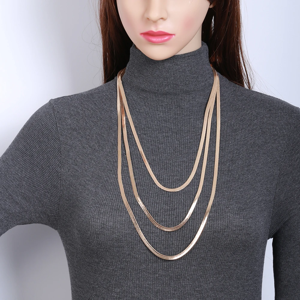 

Gold Three Layer Metal Chains Necklace Women Long Necklace Sweater Chain Mix Colors Female Luxury Collier Fashion Jewelry Gifts