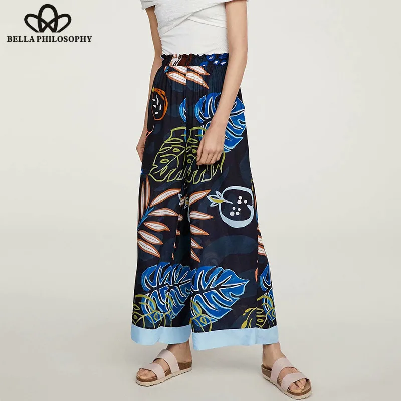 Wonder Spring Print Wide Leg Pants Vintage Pockets Female Elastic Long Pants High Waist Lady Casual Loose Pants Bottoms 2019