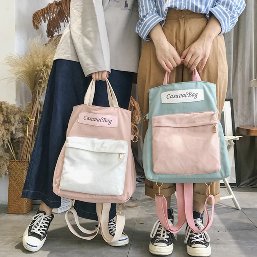 

Casual Canvas Letter Printed Backpack Women Panelled Schoolbag Mesenger Bag Teen Girl Large Capacity Bookbag Travel Backpack