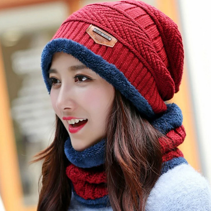 Мужская Женская модная зимняя теплая вязаная мешковатая Шапка-бини лыжный набор из шапки и шарфа Шапка-шарф
