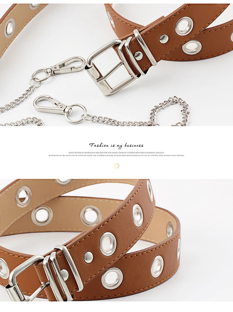 Women Punk metal chain PU leather Fashion Belt Adjustable Single Eyelet Grommet Leather Buckle Belt Multicolor selection