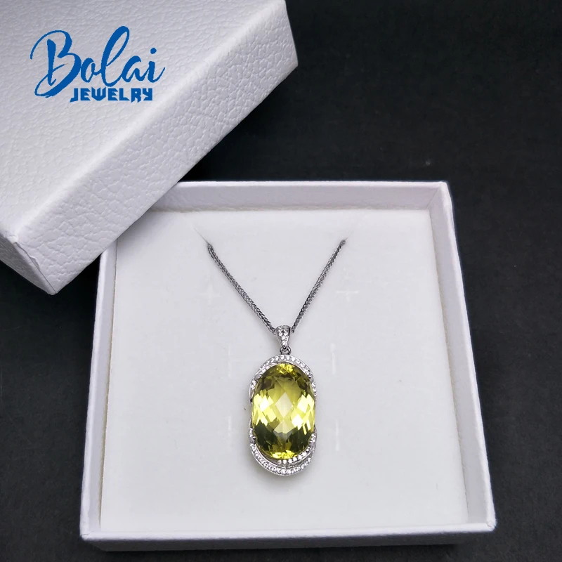 Bolaijewelry, кулон и ожерелье с серебряными цепочками, роскошный драгоценный камень лимонный кварц из стерлингового серебра 925 пробы для женщин с подарочной коробкой