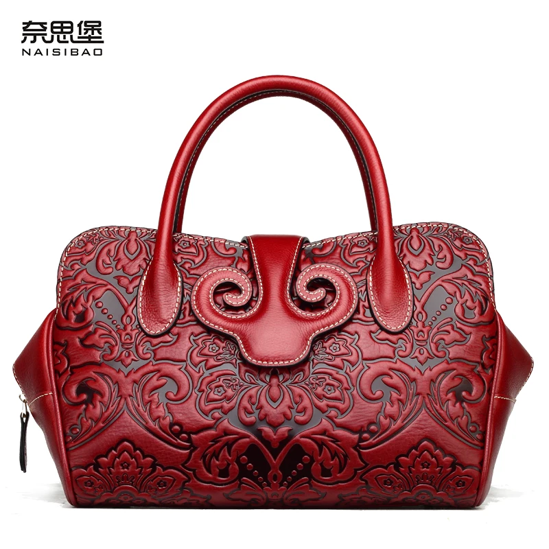 High quality Chinese Style Genuine Leather Embossed Handbag Retro