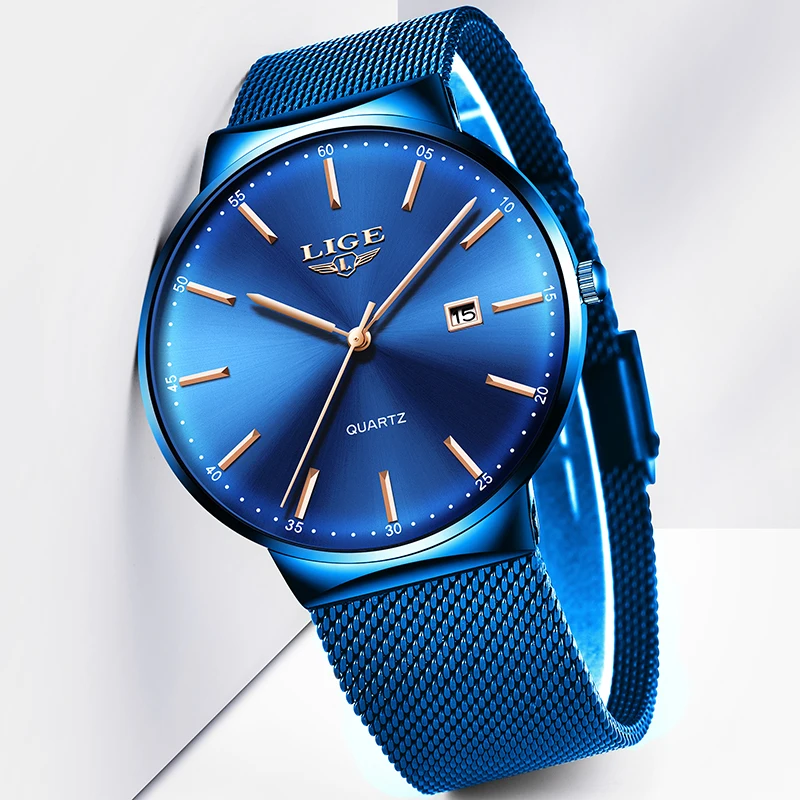 2019 LIGE Fashion Mens Watches Top Brand Luxury Quartz Watch Men Casual Slim Mesh Steel Waterproof Sport Clcok Relogio Masculino