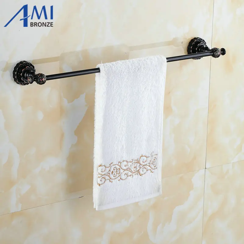 Twin Flowers Series Carving Black Brass Wall Mounted Bathroom Accessories Single Towel Bar Towel Rack Towel Shelf Toilet Vanity