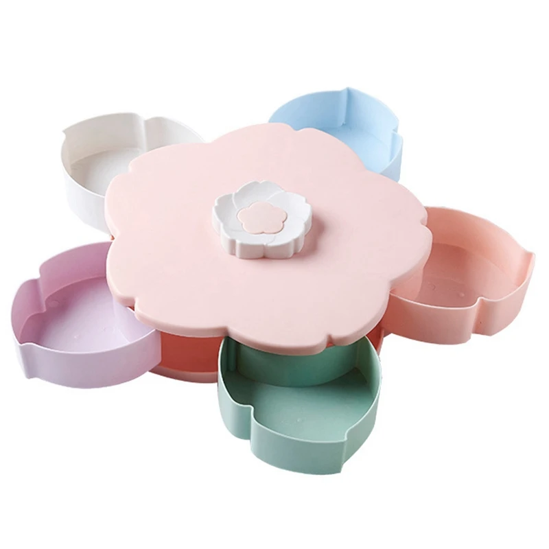 

Petal-Shape Rotating Snack Box Candy Tray Food Storage Box Wedding Candy Plates Double-Deck Dried Fruit Organizer Storage