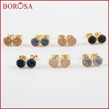

BOROSA 5/10Pairs 6mm Round Gold Color Bezel Rainbow Titanium Druzy Stud Earrings Agates Drusy Earring for Women Jewelry ZG0277