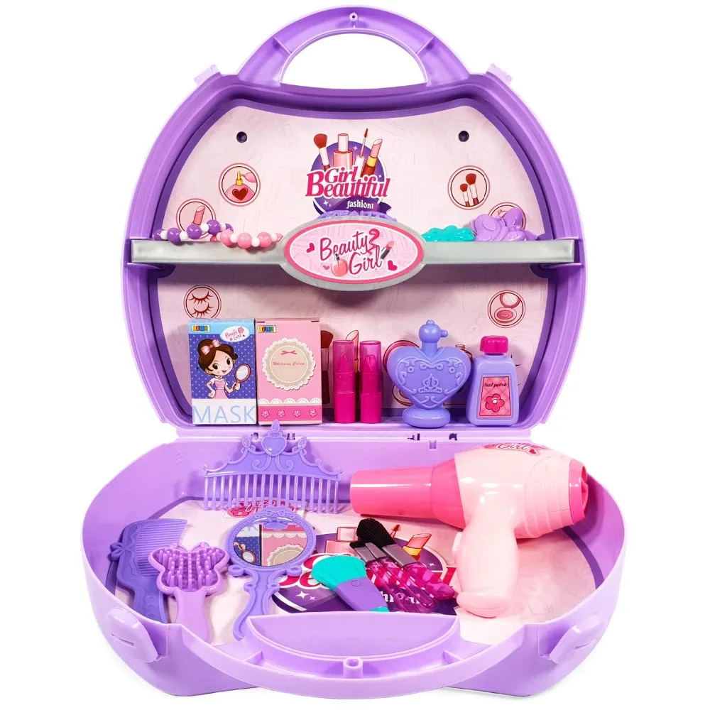 29pcs Buyger 5 in 1 Girls Make Up Set Pretend Play Toys Dressing Table With Hair Dryer in Carry Case