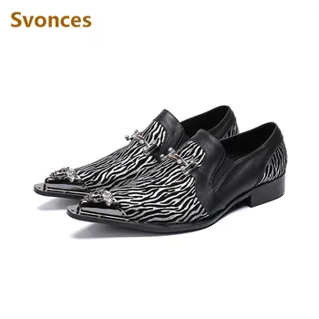 

Newest Genuine Leather Striped Dress Shoes Man Metal Pointed Toe Crystal Designer Flats Wedding Party Brand Customized Work Shoe