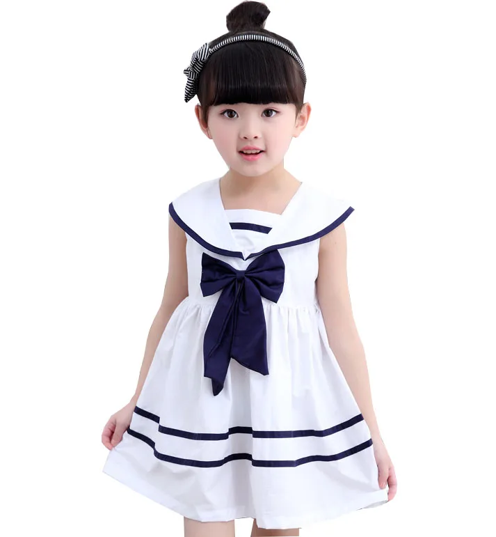 

2016 Summer children's clothing girls bow navy cotton dress baby girl clothes