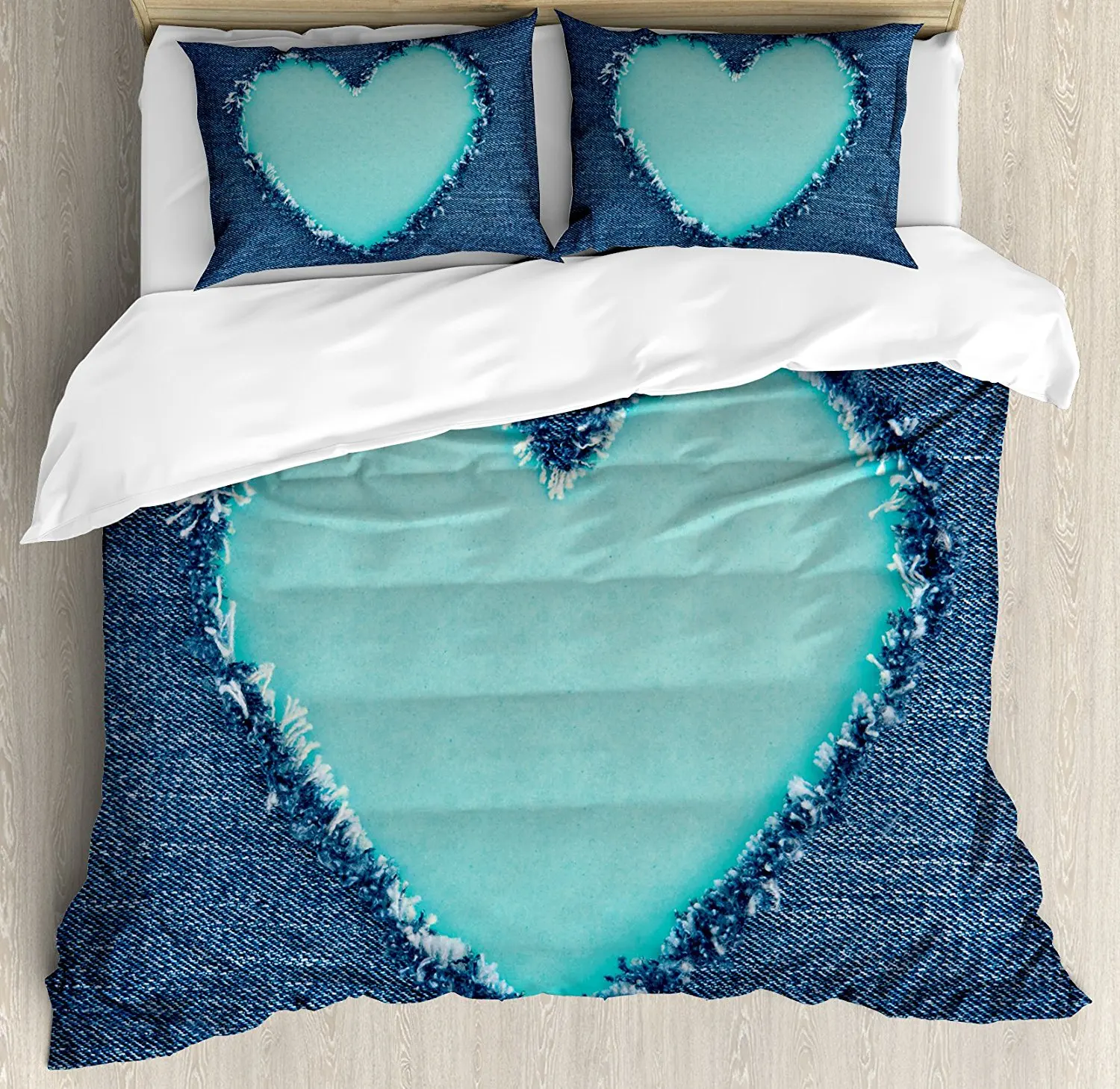 

Navy and Teal Duvet Cover Set Ripped Denim Jean Fabric Image Heart Shape Love Romance Valentines Day Bedding Set Blue
