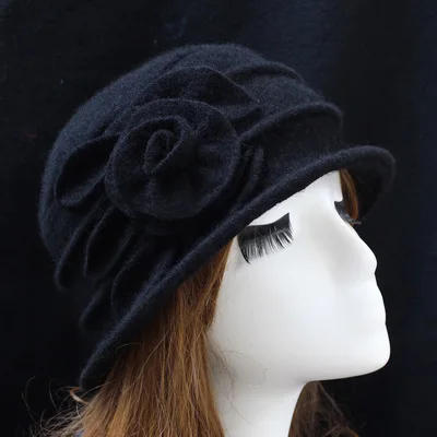BINGYUANHAOXUAN, Женская купольная фетровая шляпа, шерсть, шапка, Мамины шляпы для осени и зимы, одноцветная теплая флоппи-шляпа с цветами, одноцветная теплая шапка с дыней - Цвет: black