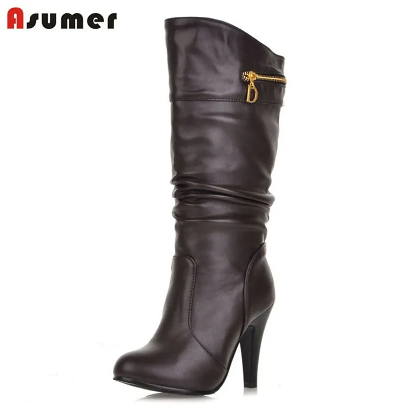 

Large size 32-43 2017 new fashion mid calf boots high heels solid colors high quality winter boots pu leather women shoes